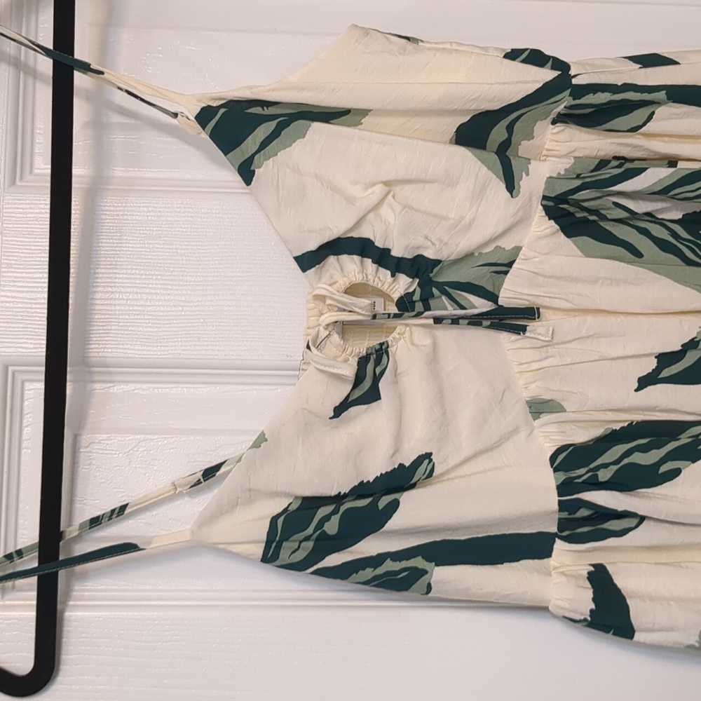 Palm Leaf Print Cream and Green Dress - Picture 2 of 4